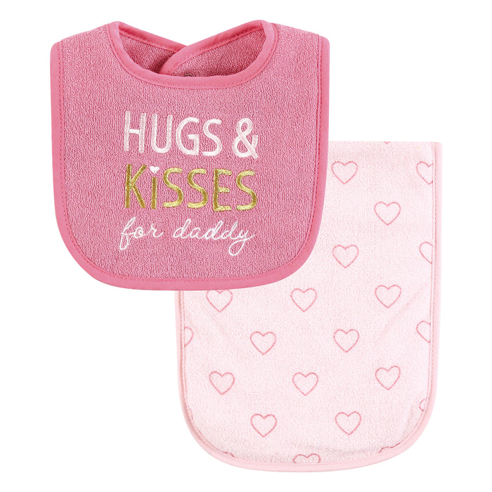 Hudson Baby Infant Girl Cotton Terry Bib and Burp Cloth Set, Mom Dad Dream