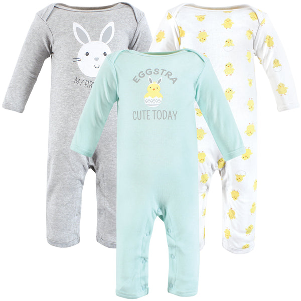 Hudson Baby 3-Pack Cotton Coveralls, Eggstra Cute