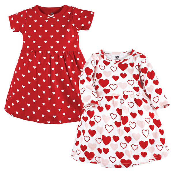 Hudson Baby Infant and Toddler Girl Cotton Dresses, Red Pink Hearts