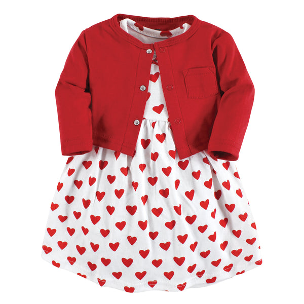 Hudson Baby Infant and Toddler Girl Cotton Dress and Cardigan Set, Red Hearts