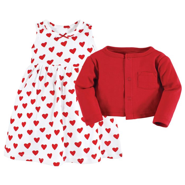 Hudson Baby Infant and Toddler Girl Cotton Dress and Cardigan Set, Red Hearts