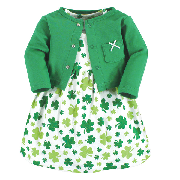 Hudson Baby Infant and Toddler Girl Cotton Dress and Cardigan Set, Shamrocks