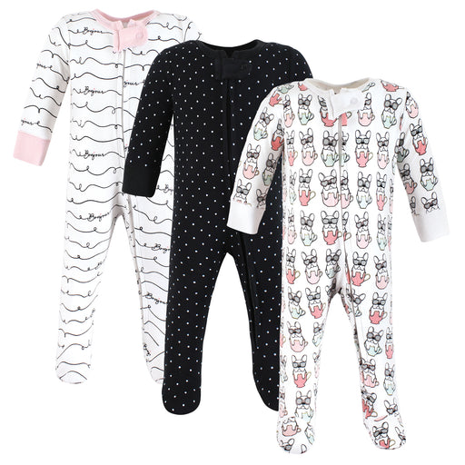 Hudson Baby Infant Girl Cotton Sleep and Play, Bonjour, 3-Pack