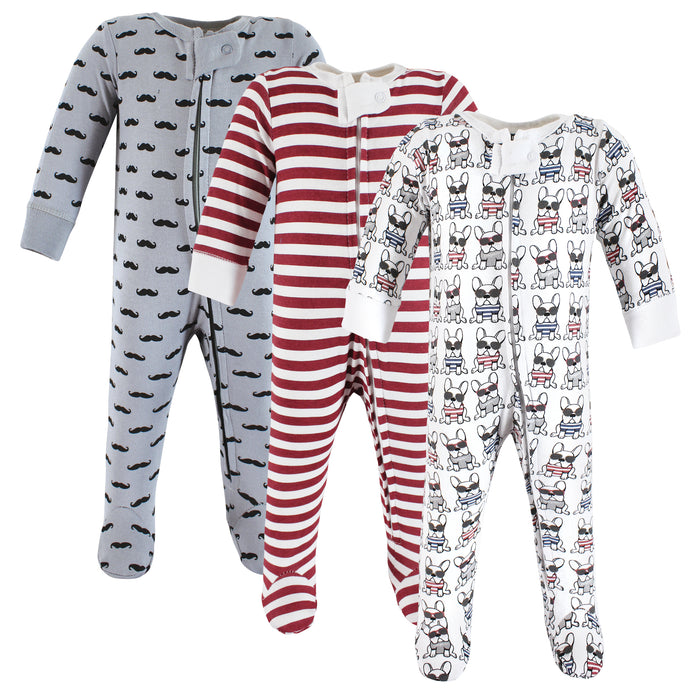 Hudson Baby Infant Boy Cotton Sleep and Play, French Dog, 3-Pack