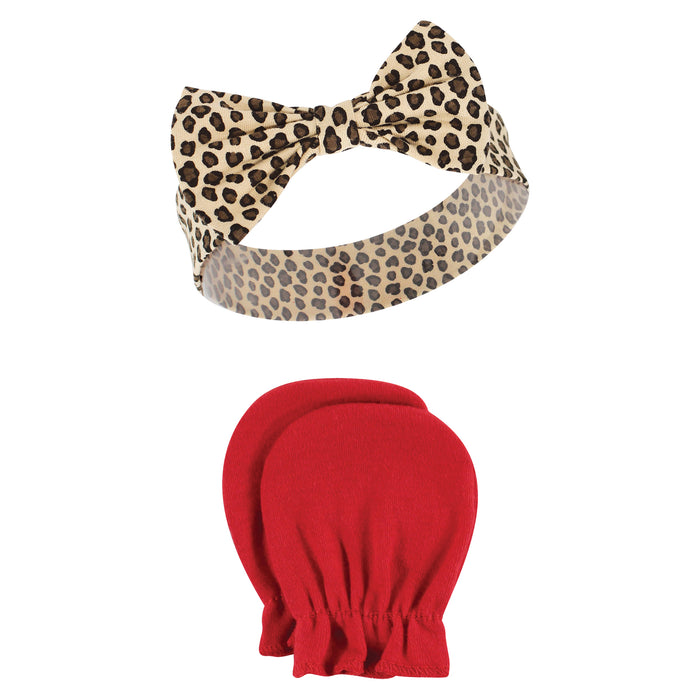 Hudson Baby Cotton Headband and Scratch Mitten Set, Rose Leopard