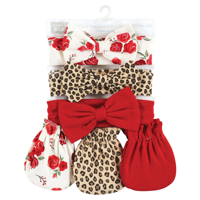 Hudson Baby Cotton Headband and Scratch Mitten Set, Rose Leopard