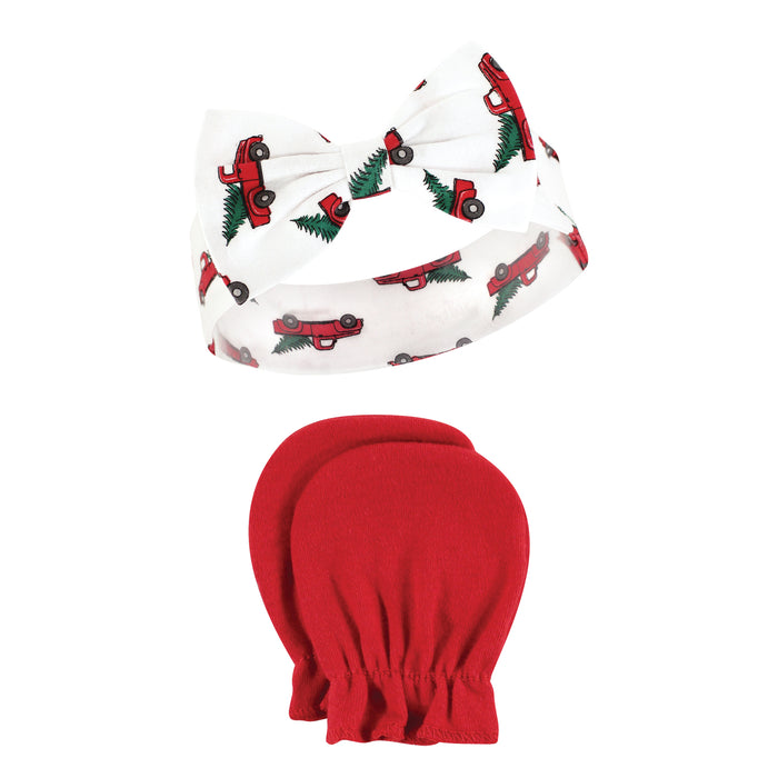 Hudson Baby Cotton Headband and Scratch Mitten Set, Christmas Tree Truck