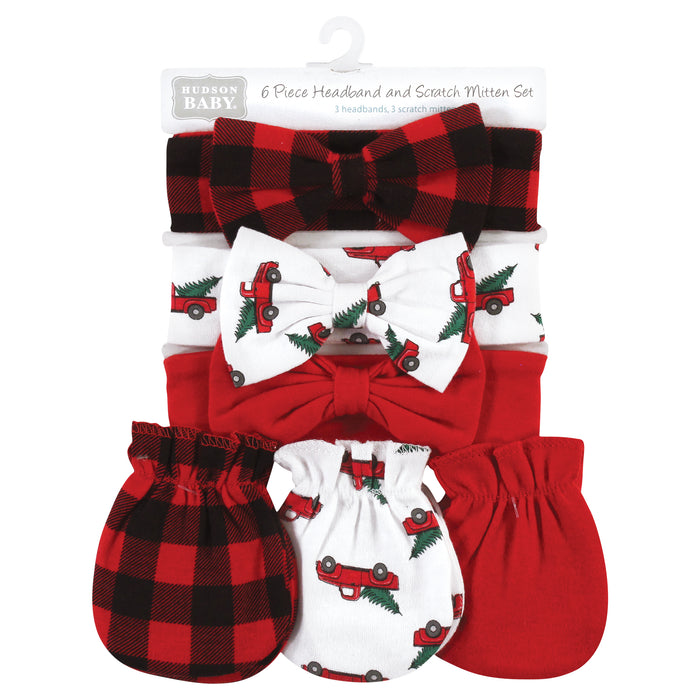 Hudson Baby Cotton Headband and Scratch Mitten Set, Christmas Tree Truck
