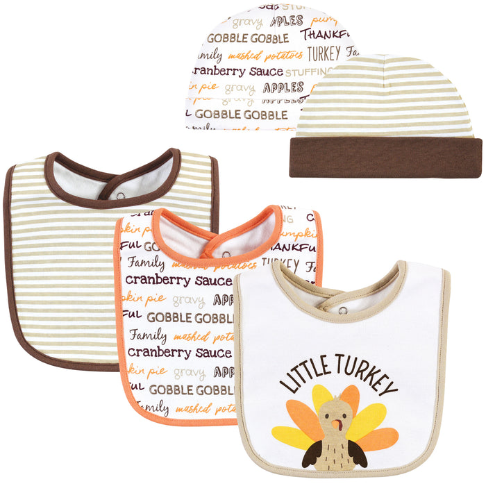 Hudson Baby Cotton Bib and Headband or Caps Set, Little Turkey, One Size