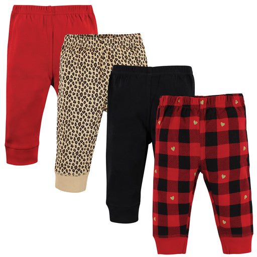 Hudson Baby Girl Cotton Pants, Gold Heart Plaid 4-Pack