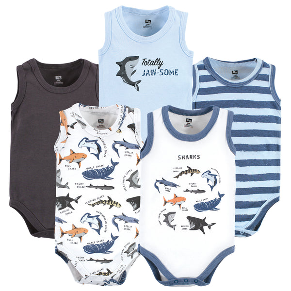 Hudson Baby Infant Boy Cotton Sleeveless Bodysuits, Boy Shark Types