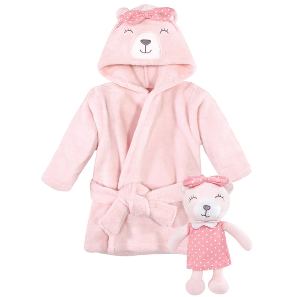 Hudson Baby Infant Girl Plush Bathrobe and Toy Set, Bear Girl, One Size