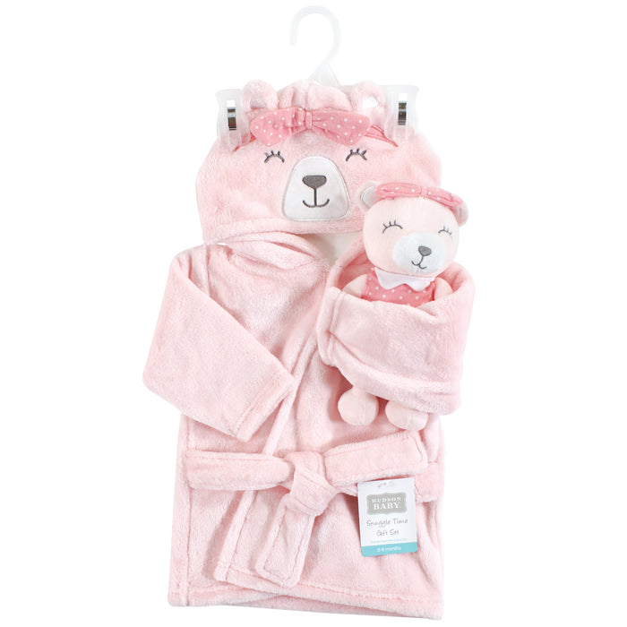 Hudson Baby Infant Girl Plush Bathrobe and Toy Set, Bear Girl, One Size