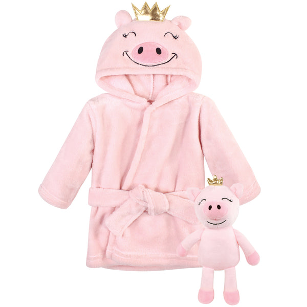 Hudson Baby Infant Girl Plush Bathrobe and Toy Set, Pig, One Size