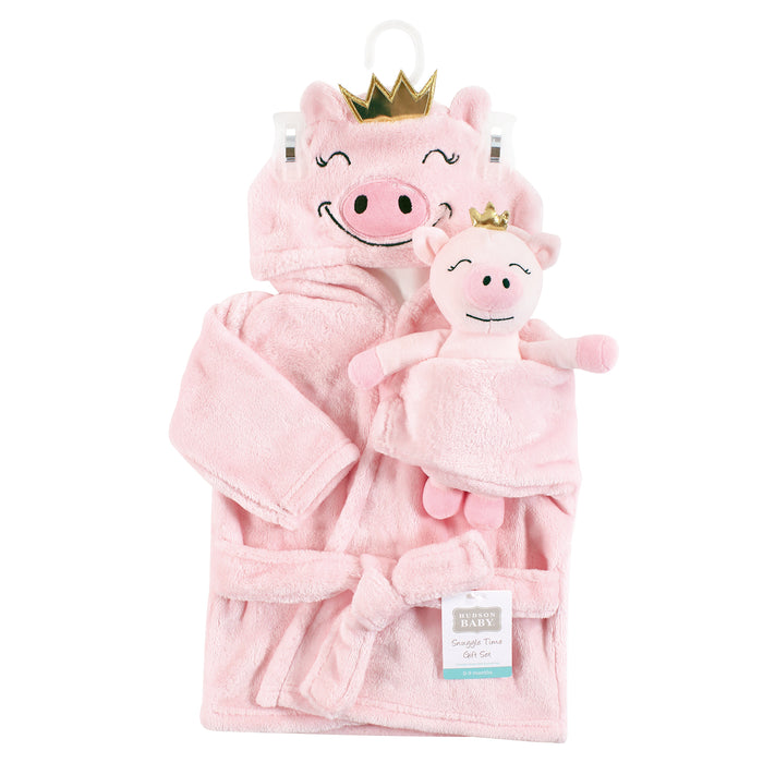 Hudson Baby Infant Girl Plush Bathrobe and Toy Set, Pig, One Size