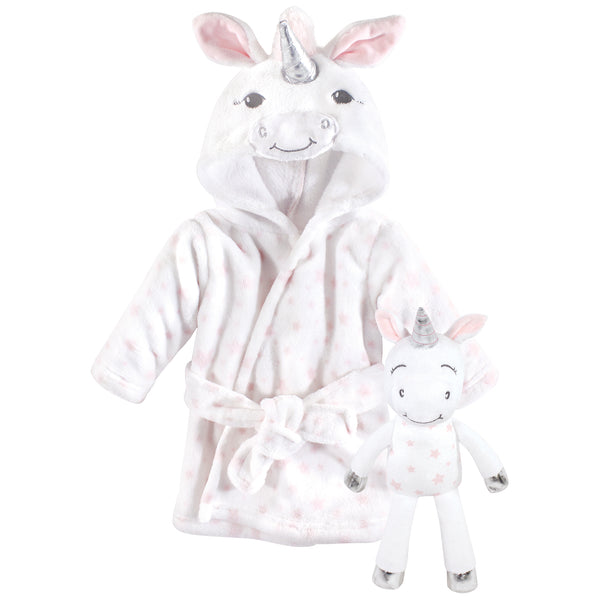 Hudson Baby Infant Girl Plush Bathrobe and Toy Set, White Unicorn, One Size