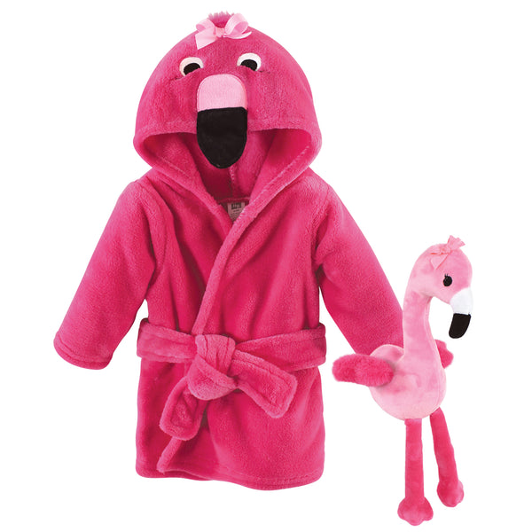 Hudson Baby Infant Girl Plush Bathrobe and Toy Set, Flamingo, One Size