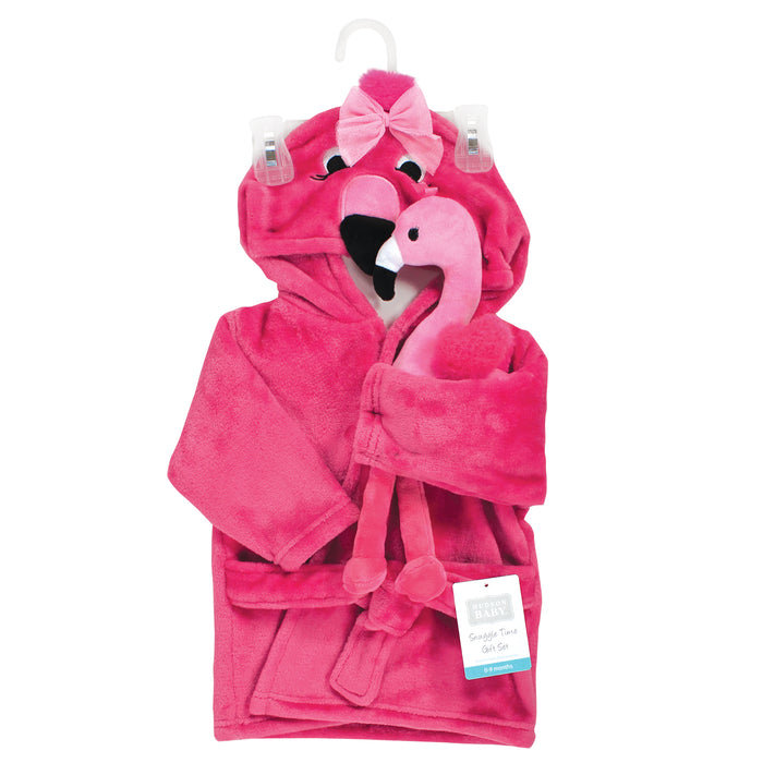Hudson Baby Infant Girl Plush Bathrobe and Toy Set, Flamingo, One Size