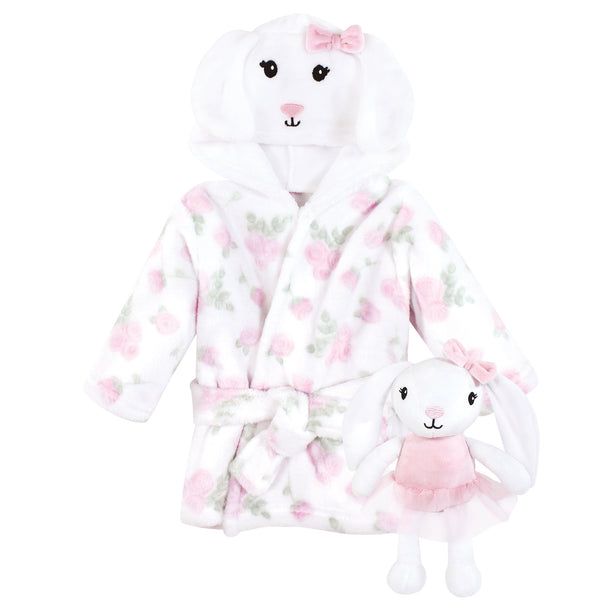 Hudson Baby Infant Girl Plush Bathrobe and Toy Set, Bunny, One Size