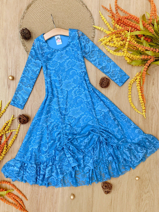 Mia Belle Girls Blue Hi-Lo Drawstring Lace Ruffle Dress