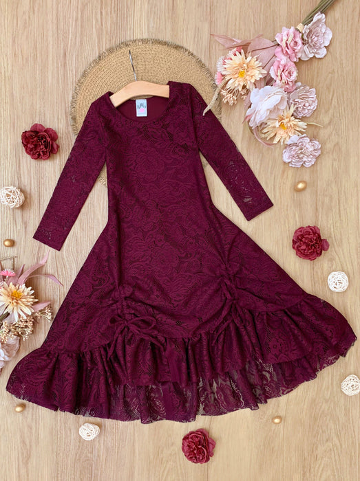 Mia Belle Girls Burgundy Hi-Lo Drawstring Lace Ruffle Dress