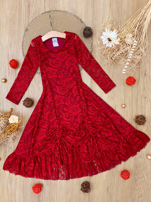 Mia Belle Girls Red Hi-Lo Drawstring Lace Ruffle Dress