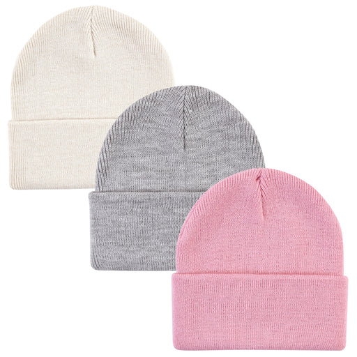 Hudson Baby Infant Girl Knit Cuffed Beanie 3 Pack, Orchid Pink