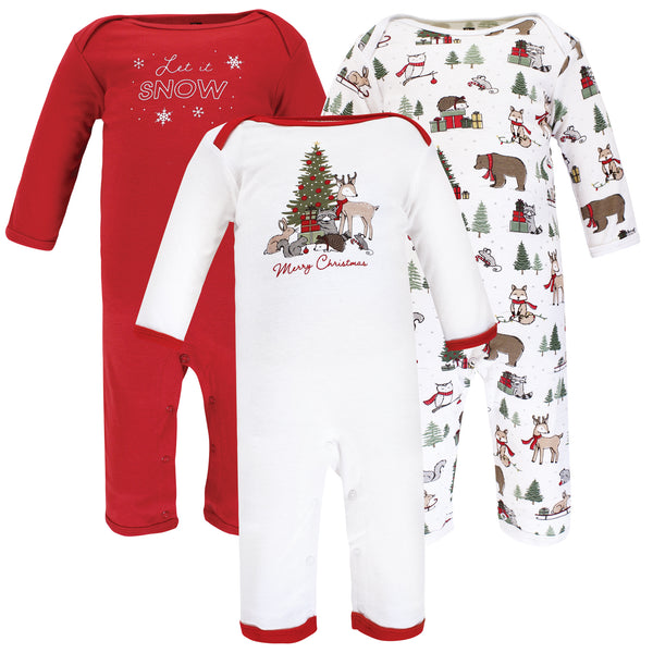 Hudson Baby 3-Pack Cotton Coveralls, Christmas Forest