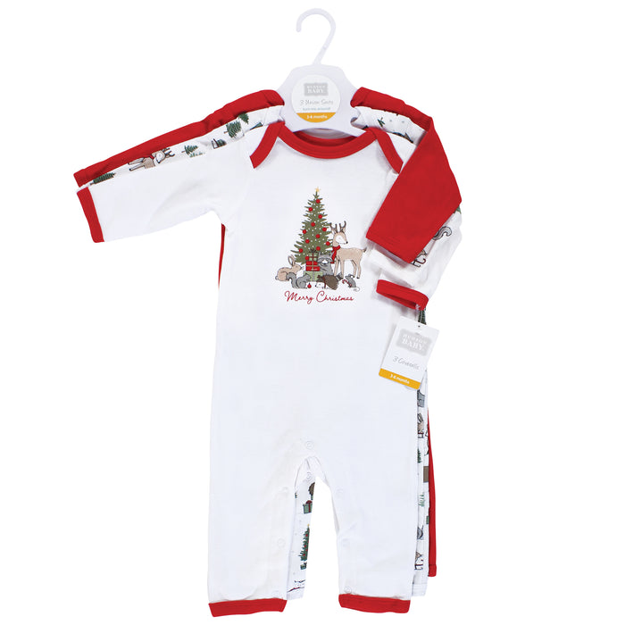Hudson Baby 3-Pack Cotton Coveralls, Christmas Forest
