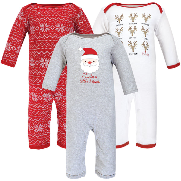 Hudson Baby 3-Pack Cotton Coveralls, Santa Reindeer