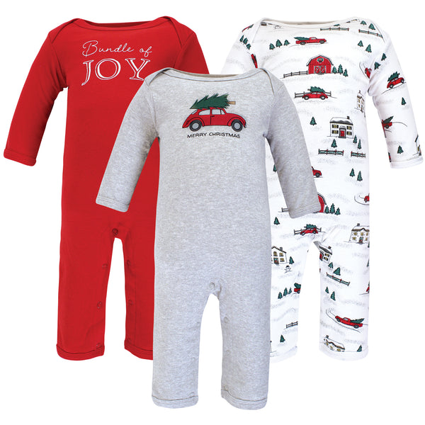 Hudson Baby 3-Pack Cotton Coveralls, Christmas Scene