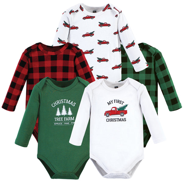 Hudson Baby Cotton Long-Sleeve Bodysuits, Christmas Tree 5-Pack