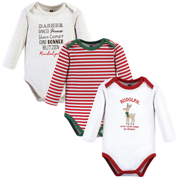 Hudson Baby Cotton Long-Sleeve Bodysuits, Rudolph Reindeer, 3-Pack