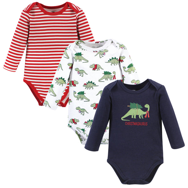 Hudson Baby 3-Pack Cotton Long-Sleeve Bodysuits, Christmasaurus