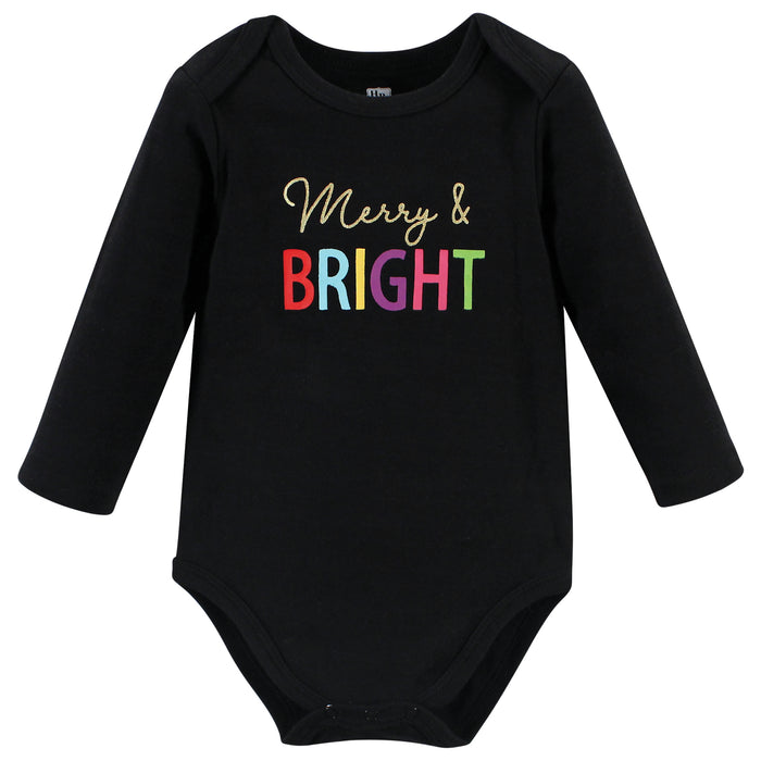Hudson Baby Infant Girls Cotton Long-Sleeve Bodysuits, Merry and Bright, 3-Pack