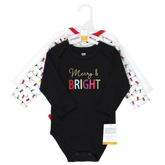 Hudson Baby Infant Girls Cotton Long-Sleeve Bodysuits, Merry and Bright, 3-Pack