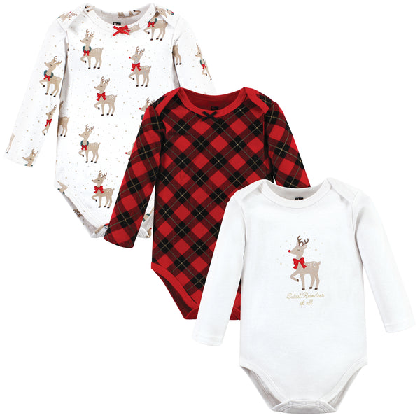 Hudson Baby Infant Girls Cotton Long-Sleeve Bodysuits, Fancy Rudolph, 3-Pack