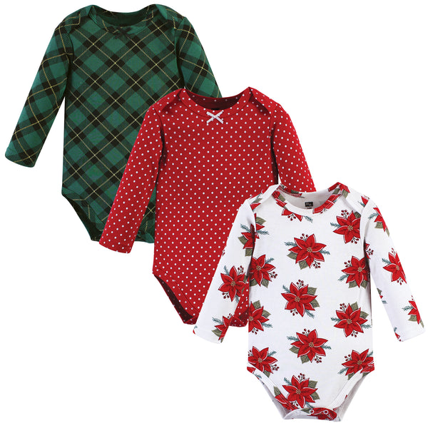 Hudson Baby Infant Girl Cotton Long-Sleeve Bodysuits, Poinsettia, 3-Pack