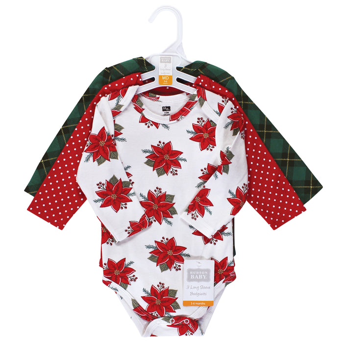Hudson Baby Infant Girl Cotton Long-Sleeve Bodysuits, Poinsettia, 3-Pack