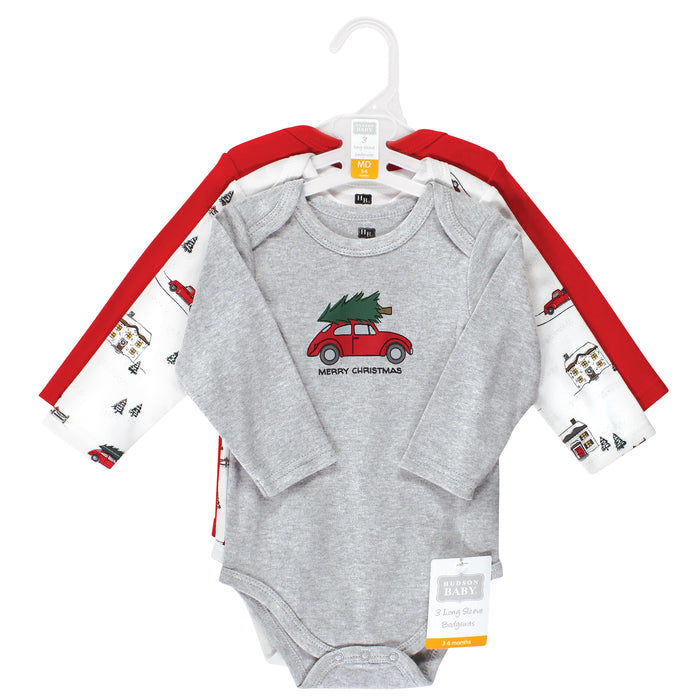 Hudson Baby 3-Pack Cotton Long-Sleeve Bodysuits, Christmas Scene