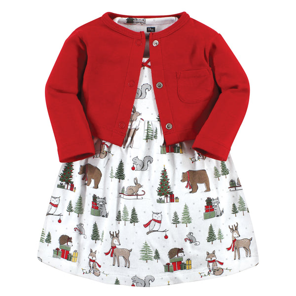 Hudson Baby Infant and Toddler Girl Cotton Dress and Cardigan Set, Red Winter Forest