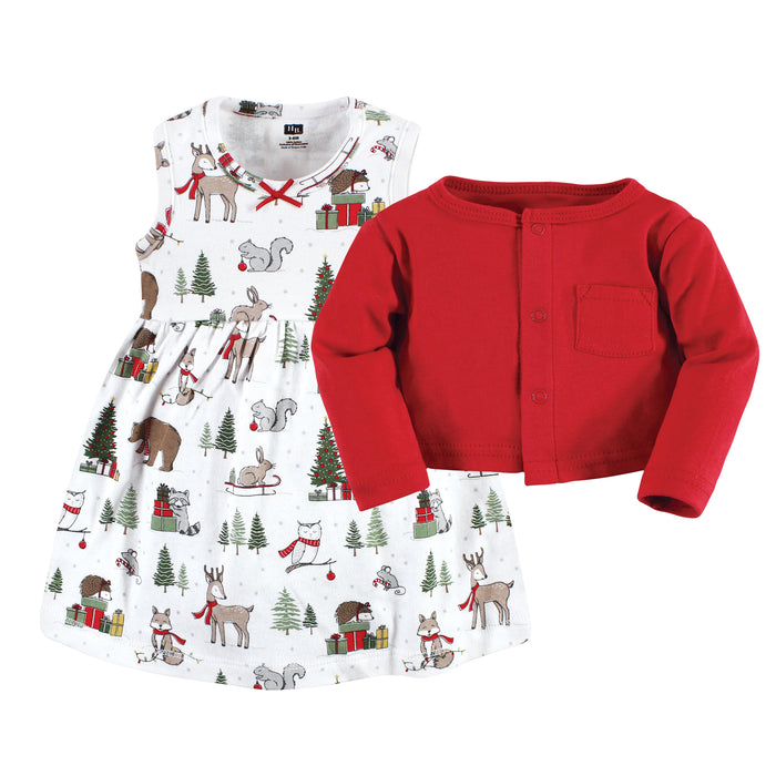 Hudson Baby Infant and Toddler Girl Cotton Dress and Cardigan Set, Red Winter Forest