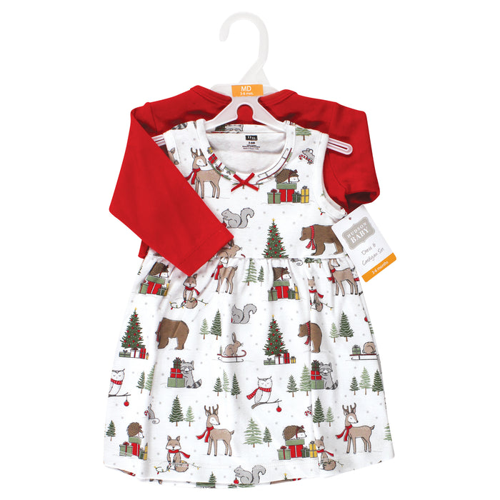 Hudson Baby Infant and Toddler Girl Cotton Dress and Cardigan Set, Red Winter Forest