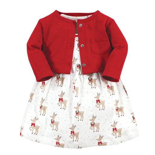 Hudson Baby Infant and Toddler Girl Cotton Dress and Cardigan Set, Fancy Rudolph
