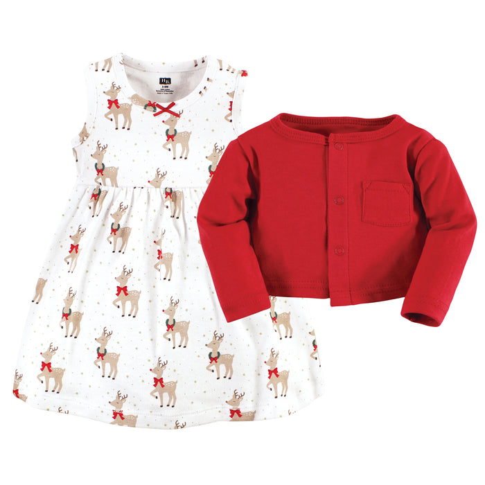 Hudson Baby Infant and Toddler Girl Cotton Dress and Cardigan Set, Fancy Rudolph