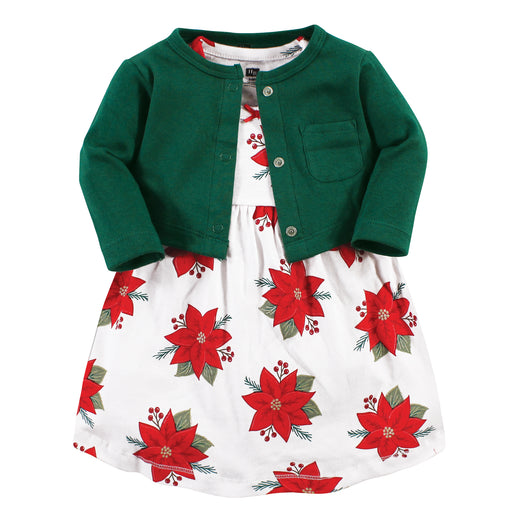 Hudson Baby Infant and Toddler Girl Cotton Dress and Cardigan Set, Poinsettia