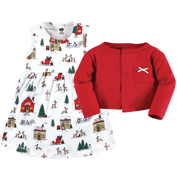 Hudson Baby Infant and Toddler Girl Cotton Dress and Cardigan Set, North Pole