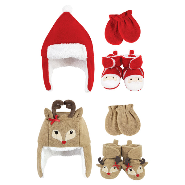 Hudson Baby 6 Piece Trapper Hat, Mitten and Bootie Set, Santa Girl Reindeer