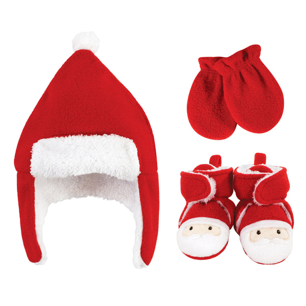 Hudson Baby 3-Piece Trapper Hat, Mitten and Bootie Set, Santa