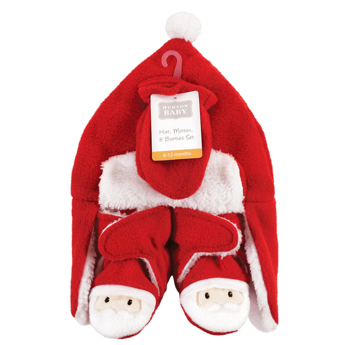 Hudson Baby 3-Piece Trapper Hat, Mitten and Bootie Set, Santa
